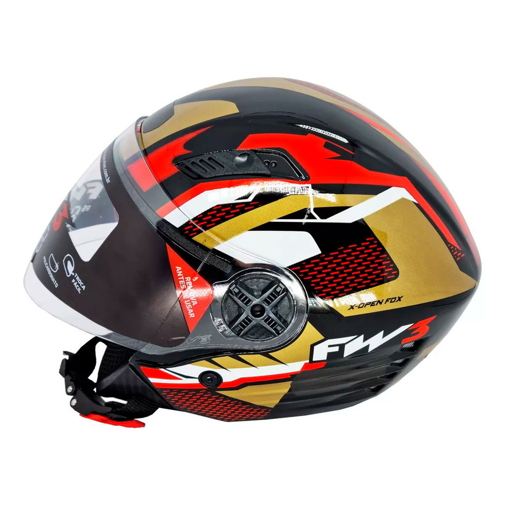 Capacete Moto FW3 X Open Up Fox Dourado com Vermelho Tamanho 58