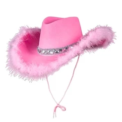 Chapéu Rosa Country de Luxo Feminino Com Lantejoulas e Penas
