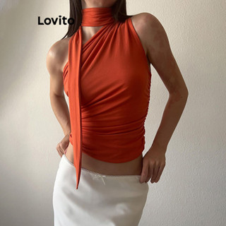 Lovito Regata Casual Simples Com Renda E Ombro Frio Para Mulheres LNE31196 (Laranja Vermelho/Preto)