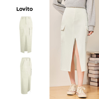 Lovito Casual Saia Feminina Lisa com Bolso e Fenda Frontal L70AD142 (Off White)