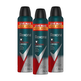 Kit com 3 Desodorantes Antitranspirantes Aerosol Masculino Rexona Antibacterial + Invisible 150ml cada