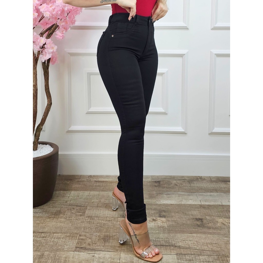 Calça Jeans Feminina Cintura Alta Preta Elastano Lycra Levanta Empina Bumbum Cós Alto Hot Pants em Oferta na Shopee