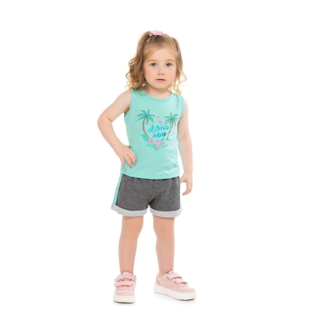 Conjuto Infantil Feminino Regata Meia Malha Shorts Moletom