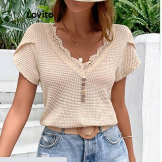Lovito Camiseta Casual De Renda Lisa Para Mulheres LNE42259