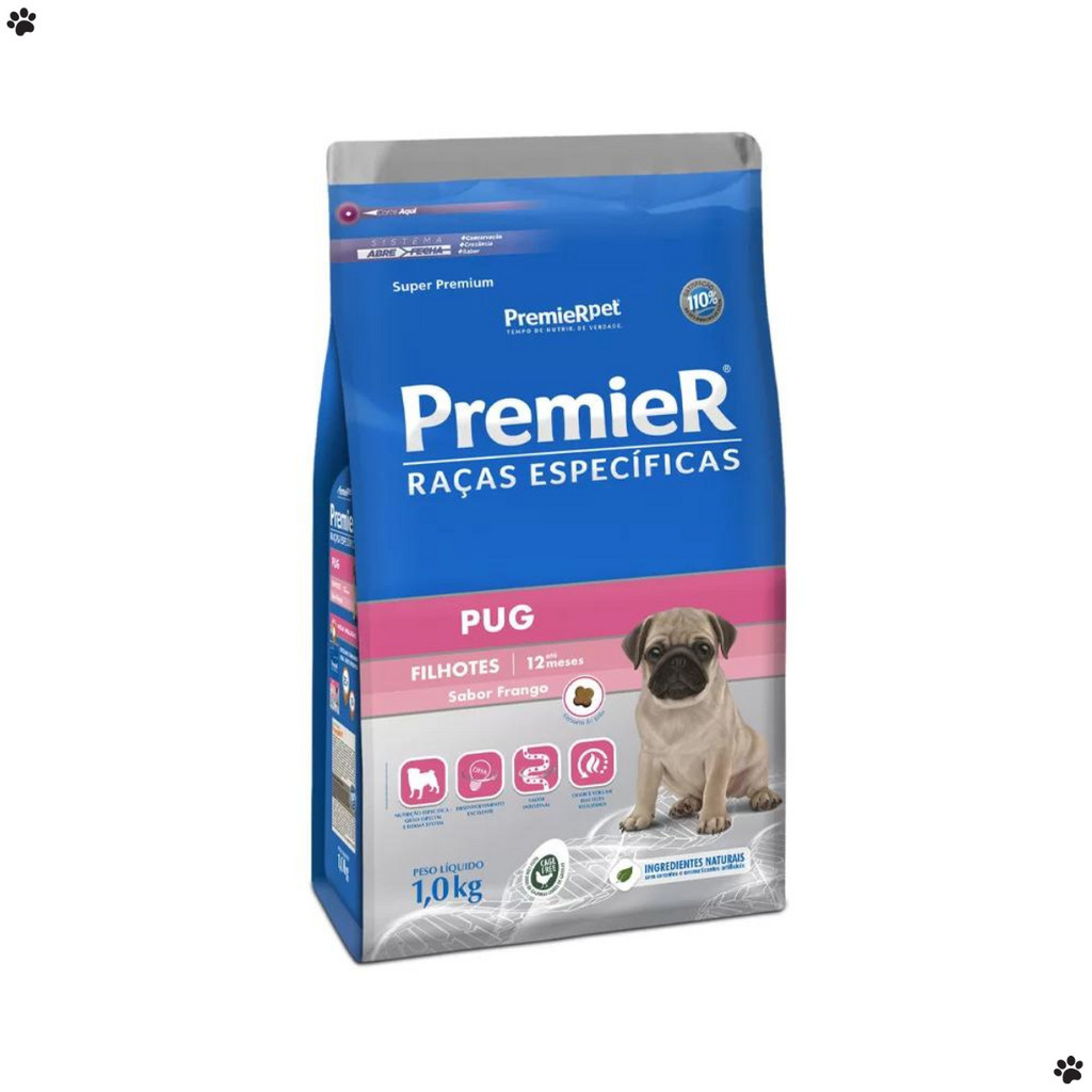 Ração Premier Raças Específicas Pug 1Kg Alimento Cães Filhotes Porte Pequeno Frango Super Premium