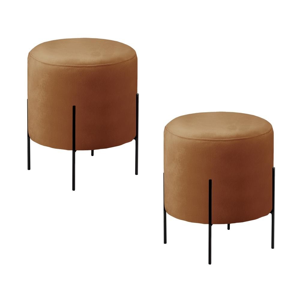 Conjunto - 2 Puffs Banqueta Odim Base Metálica Preta Luxo - Home & Living
