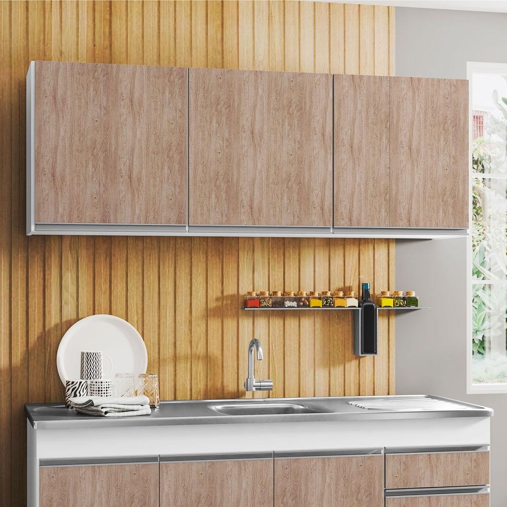 Armário Aéreo de Cozinha 150cm 3 Portas Argélia Branco/Castanho - Lumil em Oferta na Shopee