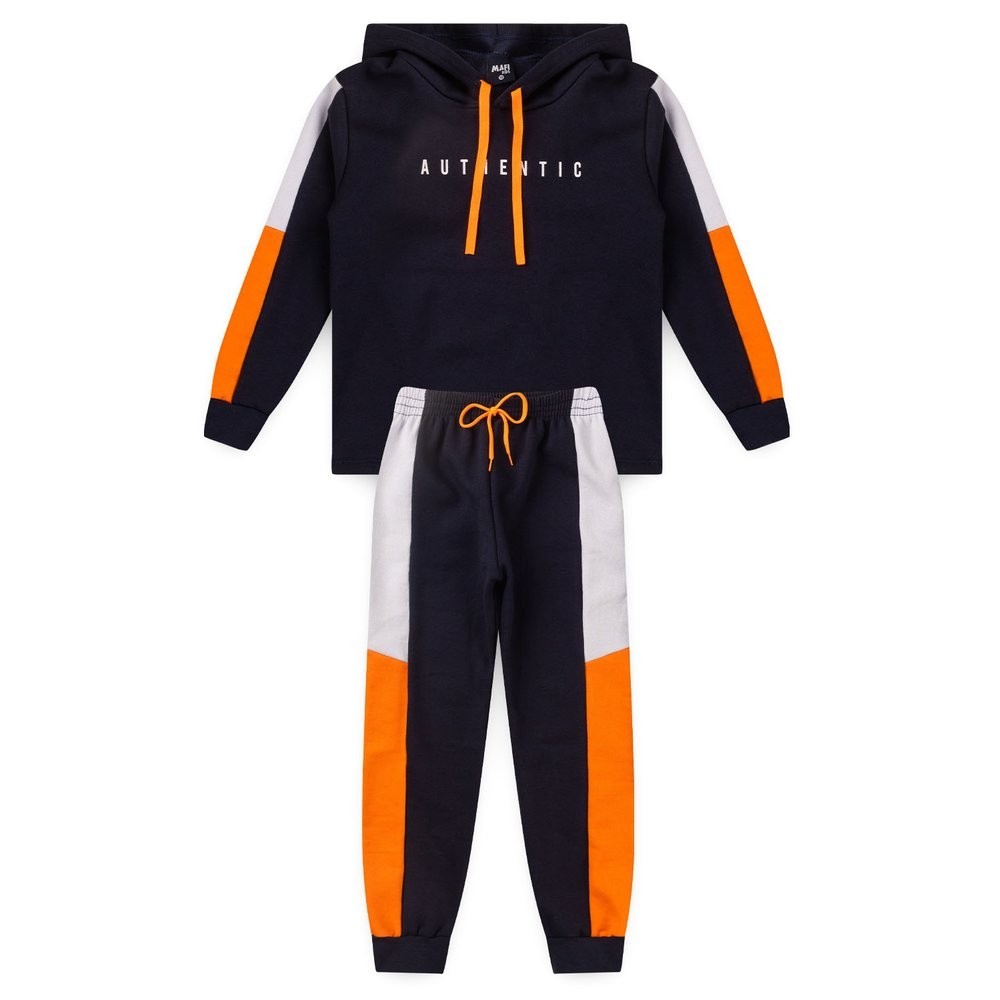 Conjunto Infantil Moletom com Capuz Marinho com Recortes Laranja - Mafi Kids