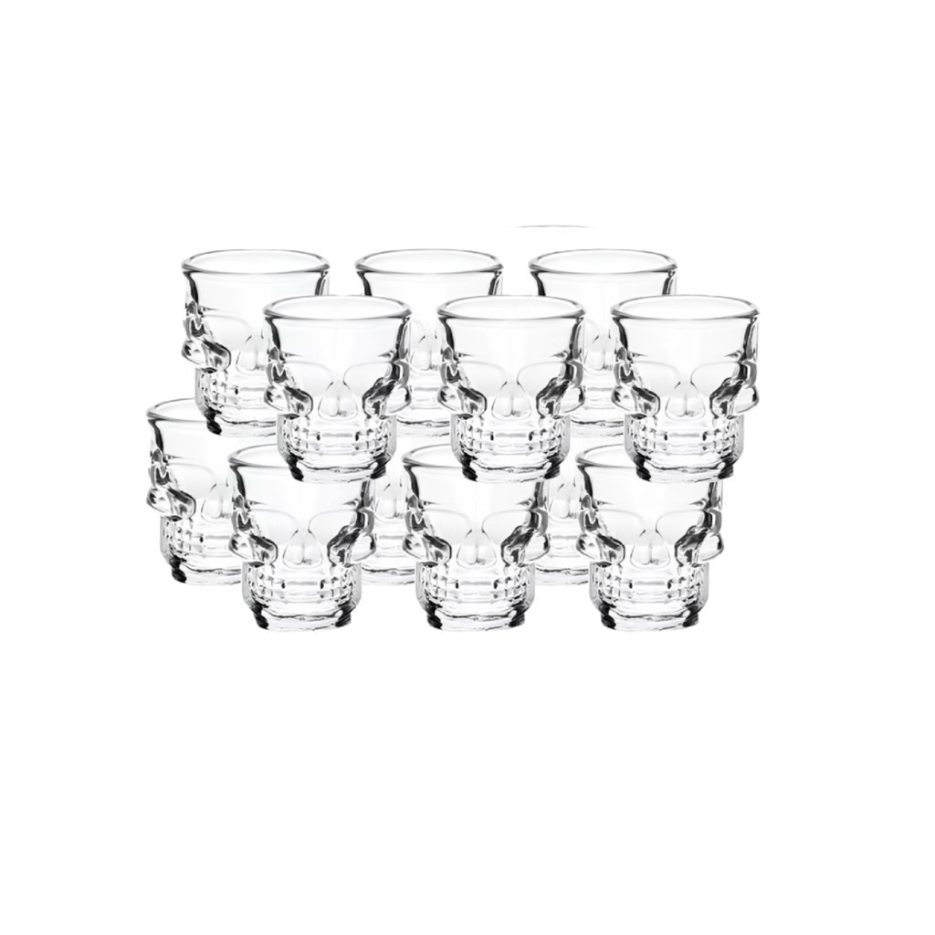 Kit 12 Copos De Vidro Drink Shot Dose Tequila Caveira 50ml