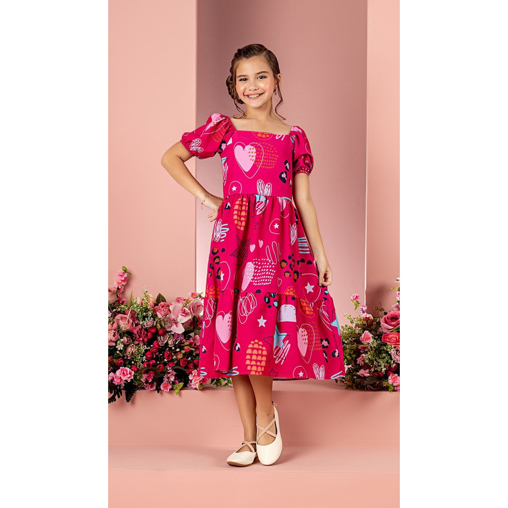 Vestido Lara Pink Estampado Infantil Juvenil, Roupa Menina tam., 4, 6, 8, 10, 12, 14, 16 fresco e leve - Envio Imediato