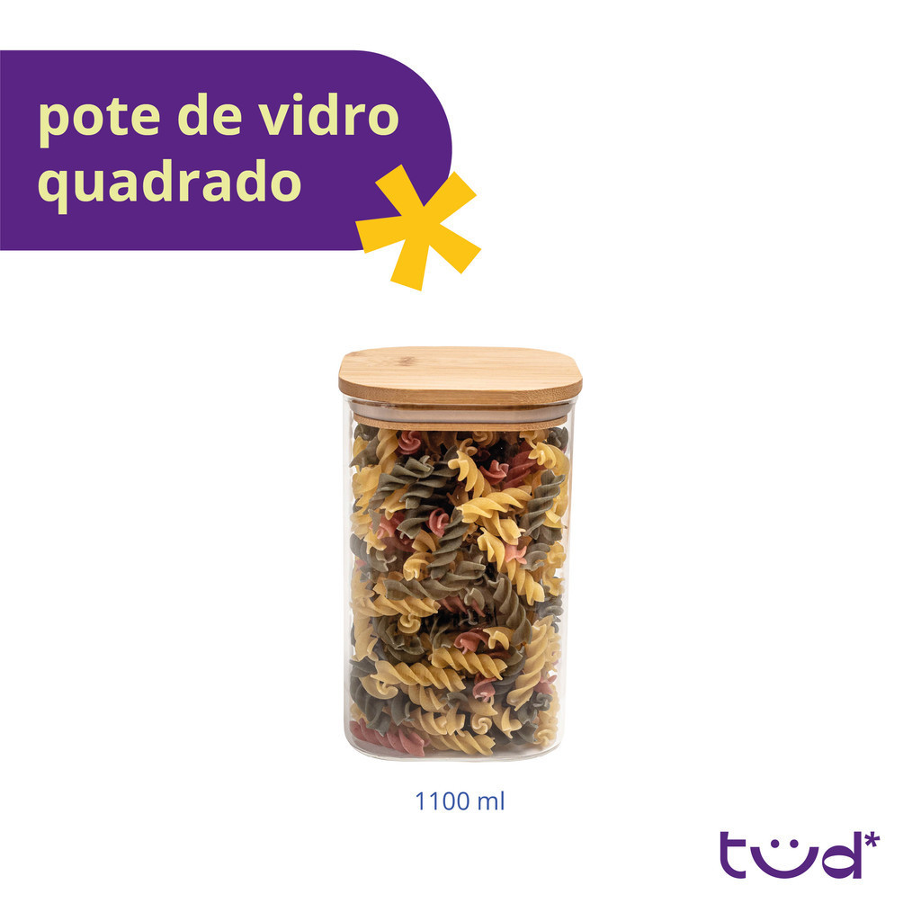 Detalhes do Pote de vidro 1,1L com tampa de bambu hermético quadrado - Tud