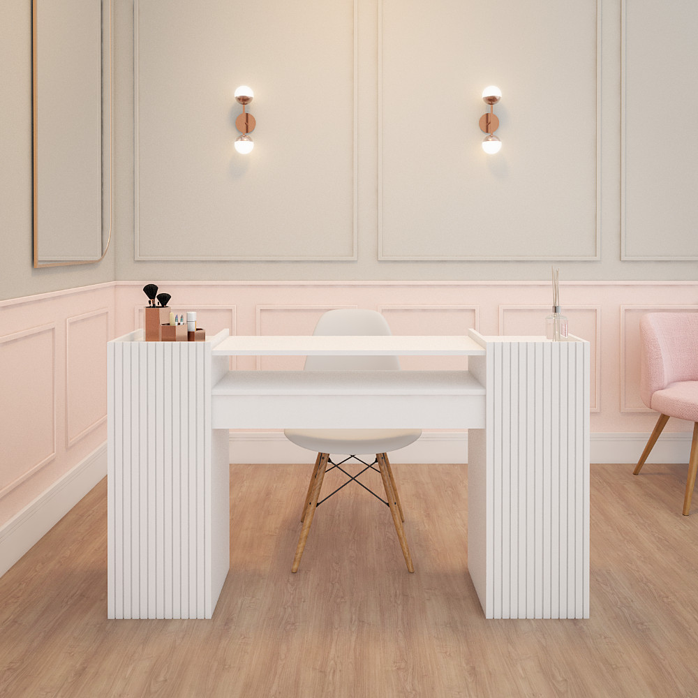 Mesa de Manicure Grande Branca 140 CM Ripado Para Pedicure Nail Designer Moderna