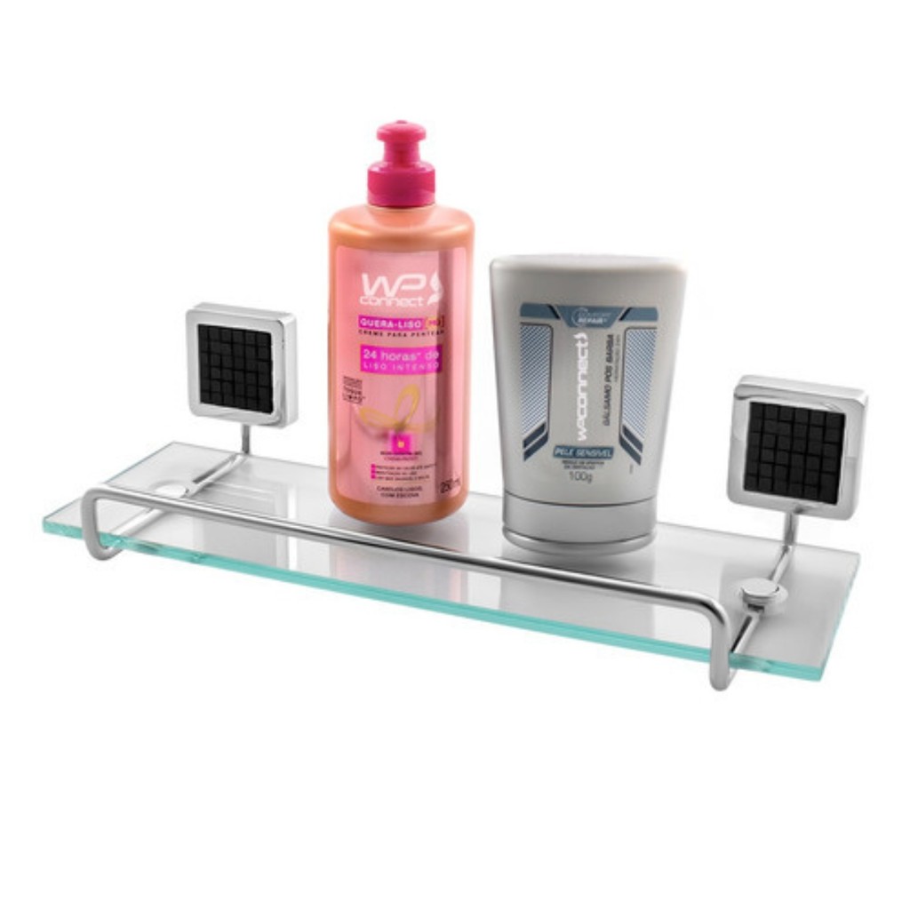 Porta Shampoo Condicionador Prateleira Cromada Base De Vidro Com Fixação Na Parede Organizador De Banheiro Box Lavabo