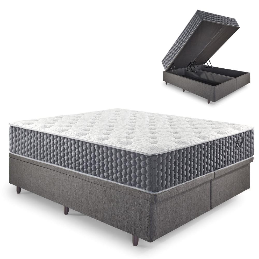 Base Box Baú King 193x203 Linho Cinza e Colchão Relax Fresh