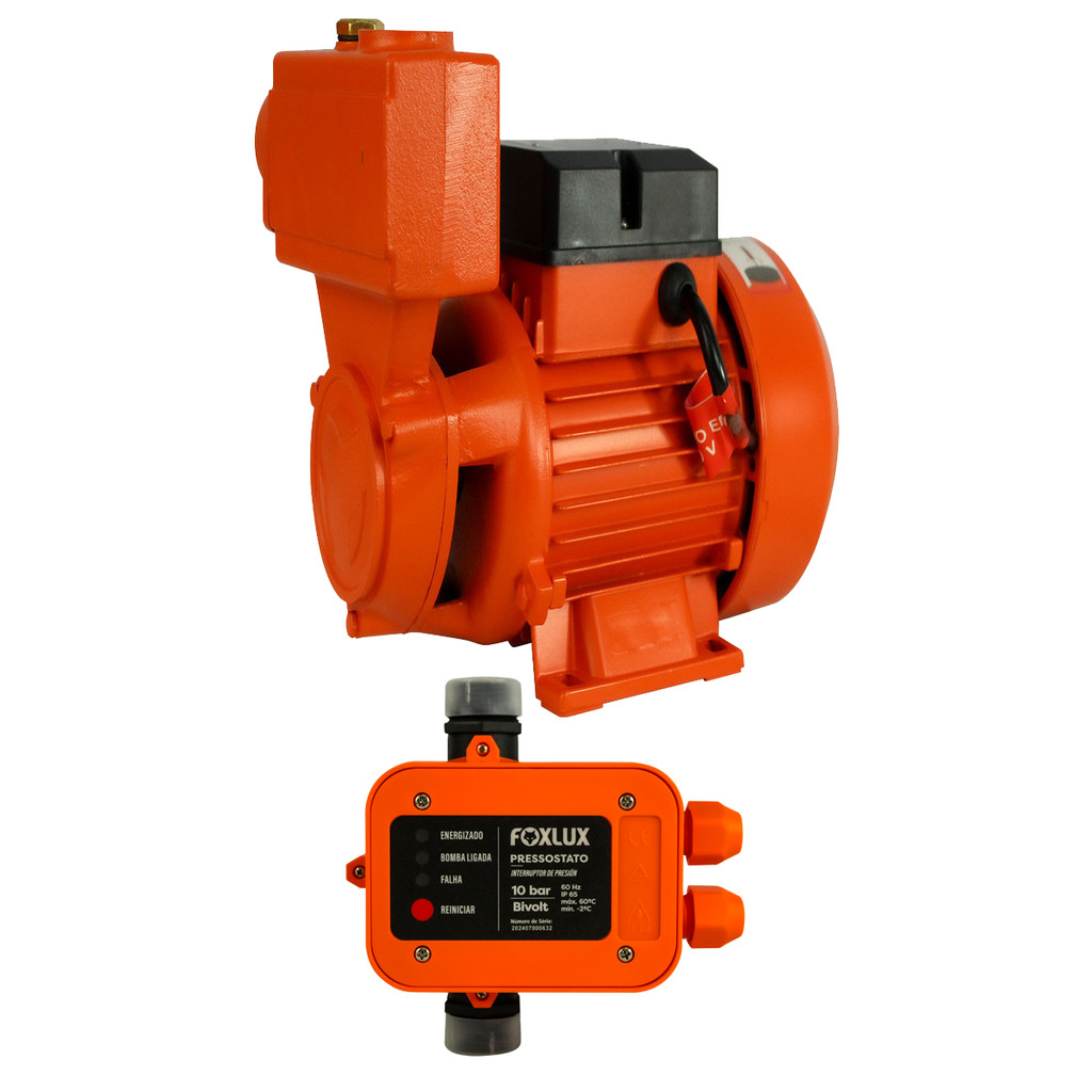 Kit Bomba Periférica Autoaspirante Foxlux 1CV Bivolt + Pressostato | alta pressão