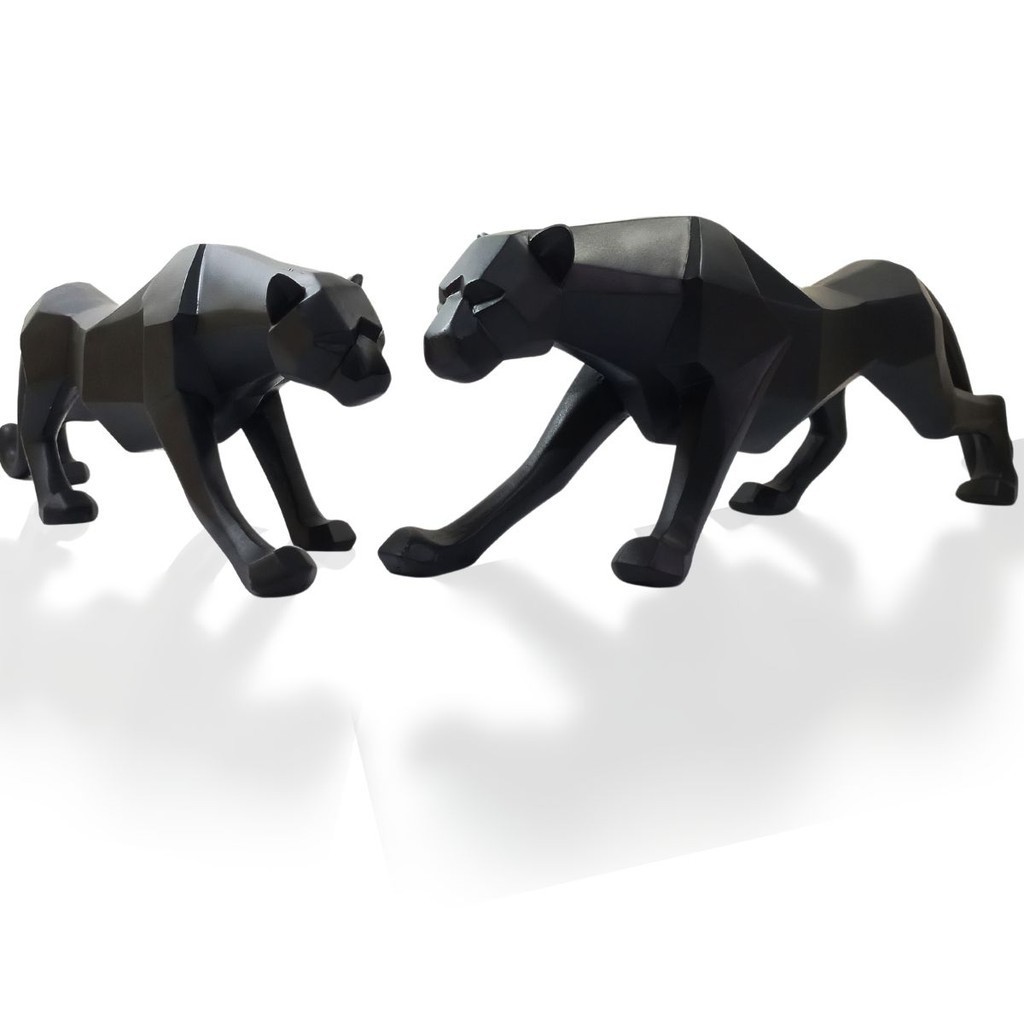 Par de Estátuas Pantera Casal Leopardo Decoração Luxo Resina
