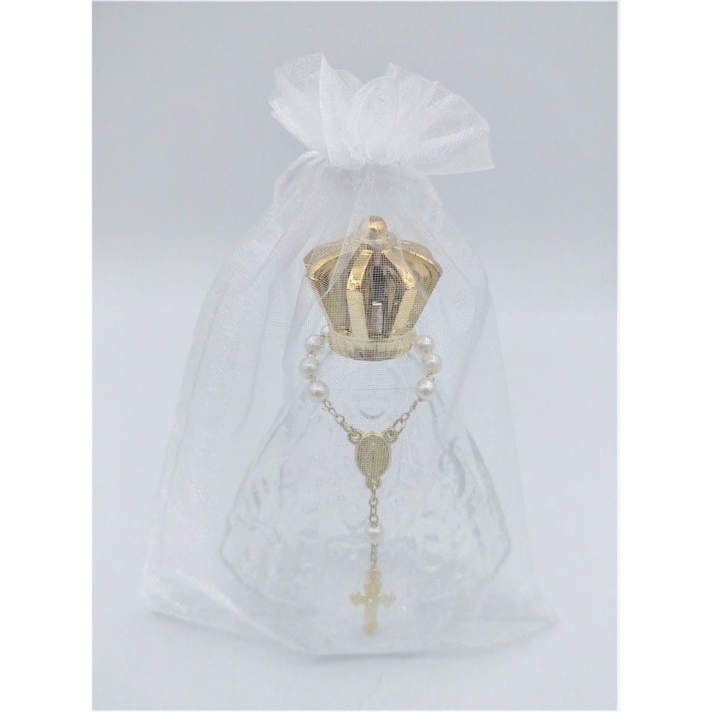 KIT : 10 Vidro Nossa senhora Aparecida + 10 Mini Terço dourado + 10 SAQ. Organza 7X11  Lembrancinha Batizado