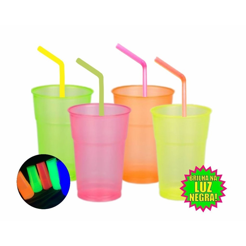 Kit 50 Copos Neon Descartáveis + 40 Canudos Neon Brilha na Luz Negra em Oferta na Shopee