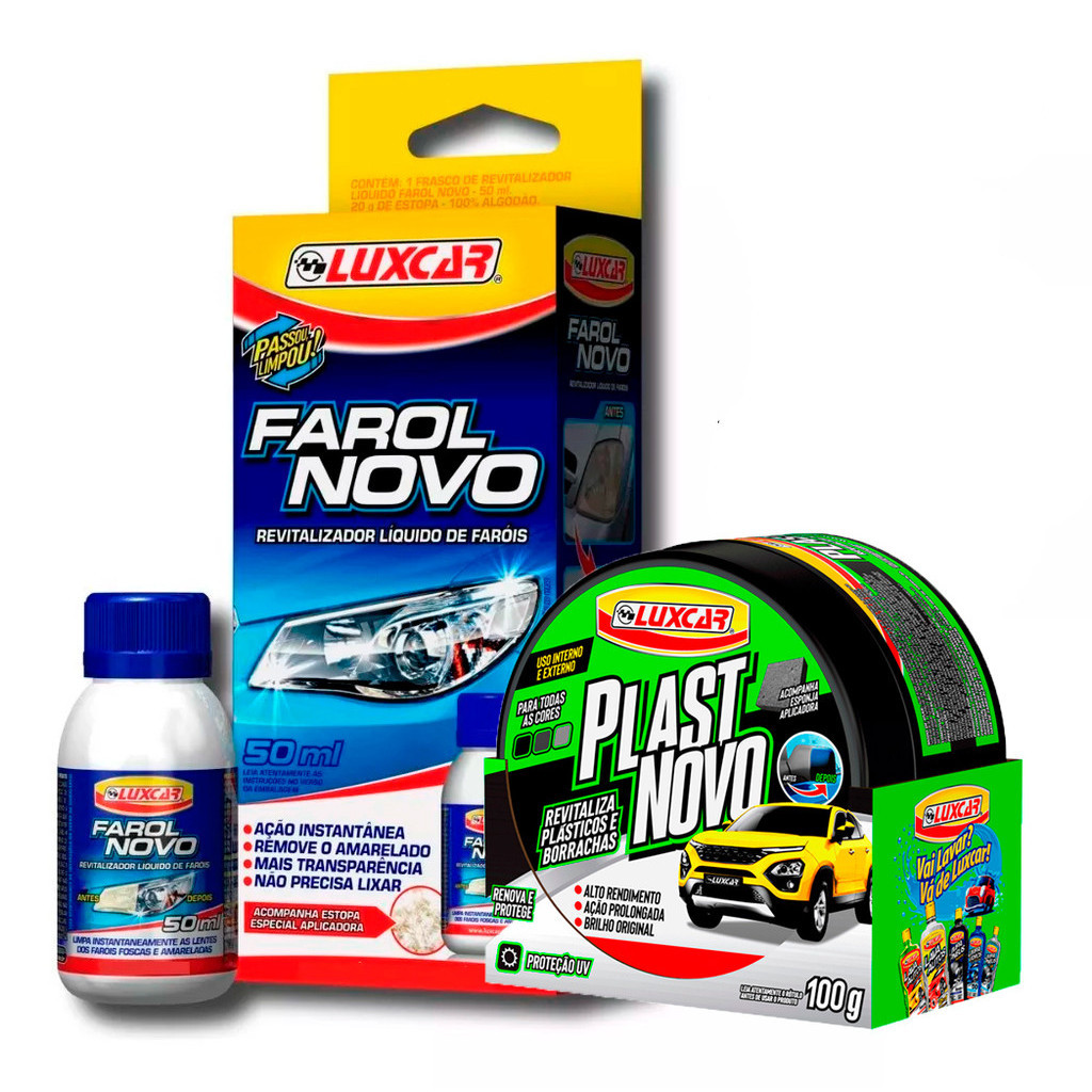 Kit Revitalizador Líquido Farol Novo + Renovador de Plásticos e Borrachas Brilho Original Luxcar em Oferta na Shopee