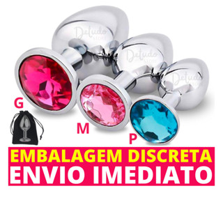 Plug Anal Aço Inox Inoxidável Polido Maciço Sexo Anal Pedra Joia Colorida Tamanho P, M e G Sex Shop