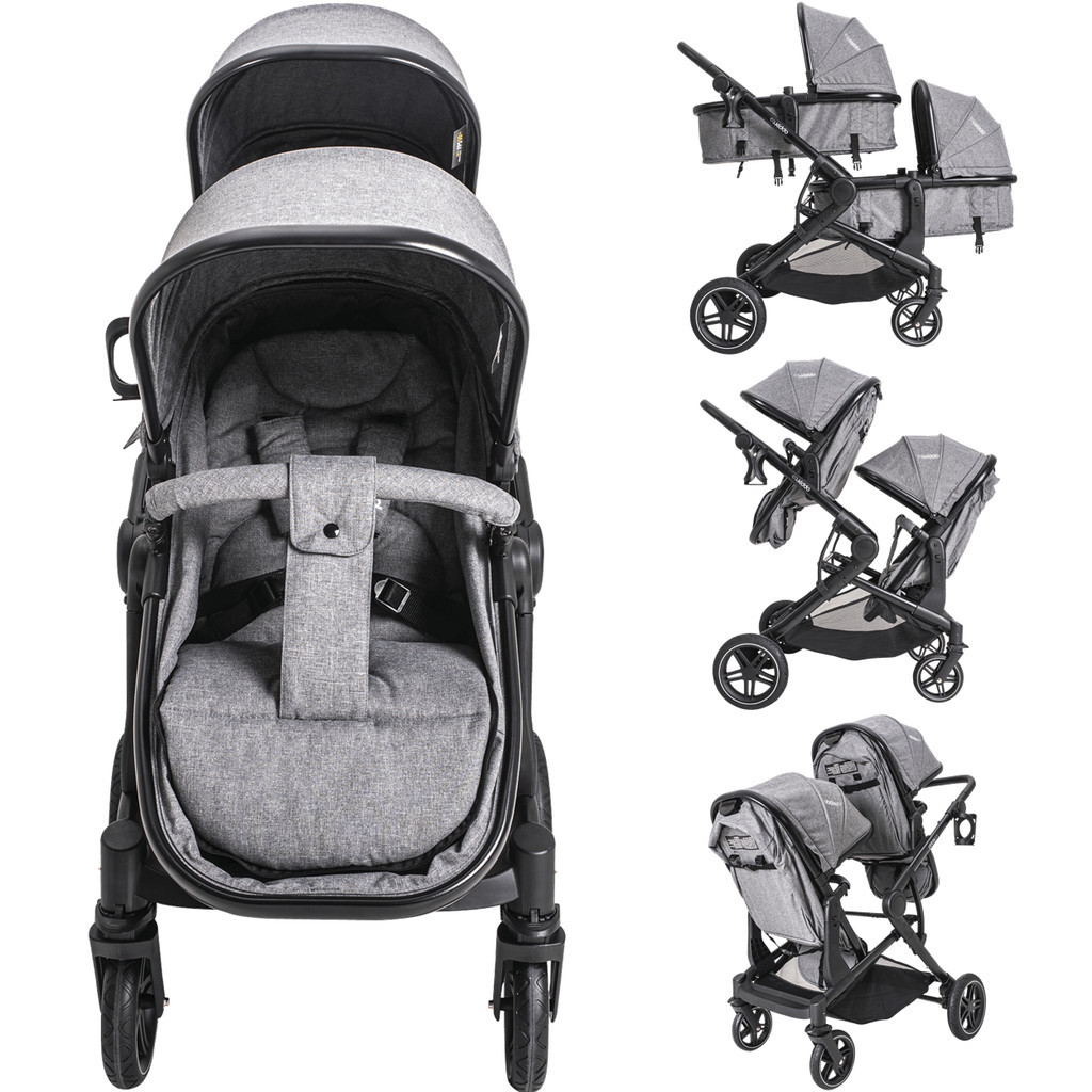 Carrinho Moises Gemeos Kiddo Pair Cinza com 2 Bebe Conforto