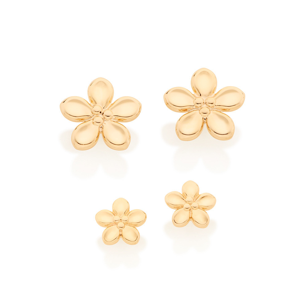 Brincos Rommanel Kit Flores Tamanhos Diferentes Folheado a Ouro 18k - 526423 Original