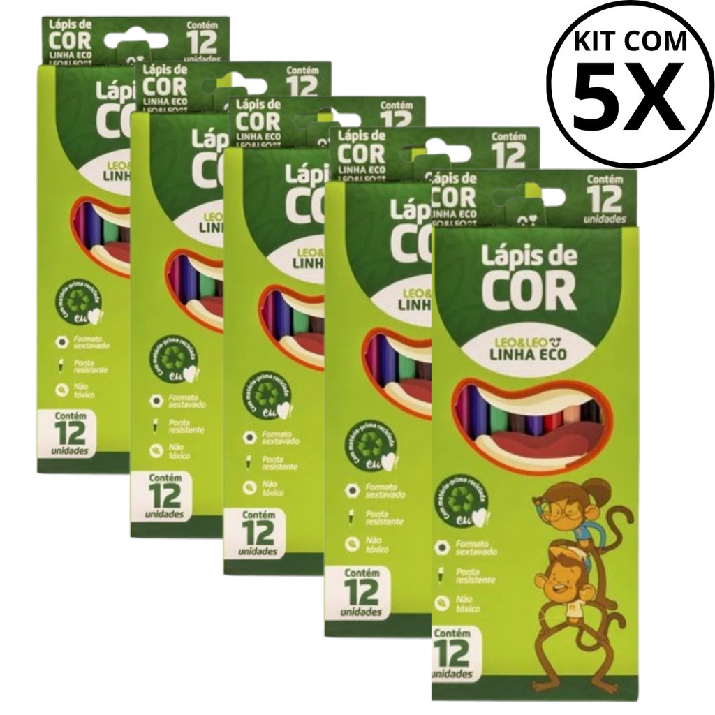Kit Com 05 Caixa De Lápis de Cor Leo&Leo Linha ECO 12UN - LEONORA em Oferta na Shopee