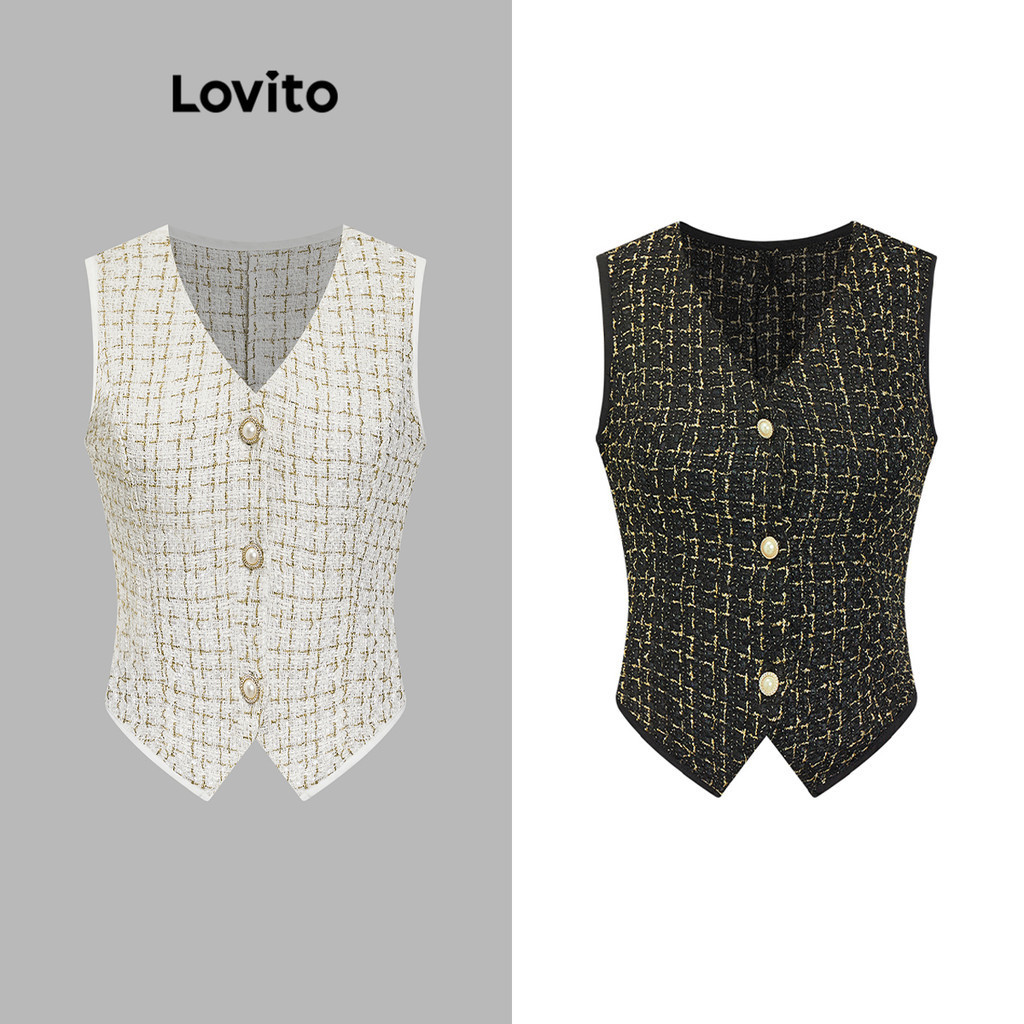 Lovito Regata Elegante Xadrez Com Botão Texturizado Em Tecido Regata Para Mulheres L73AD024 em Oferta na Shopee