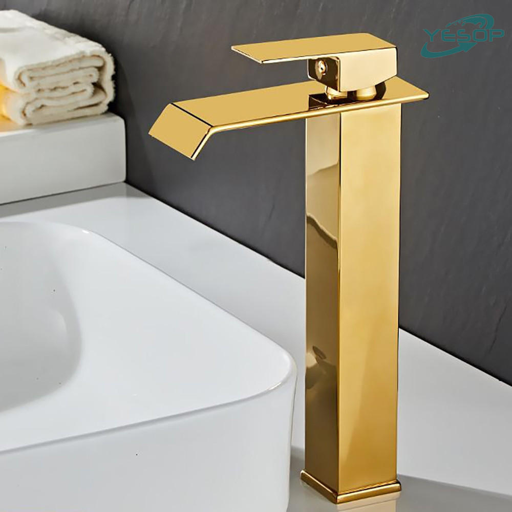 Torneira Dourada Banheiro Cascata Monocomando Alta Bica Inox Luxo Brilhante 30cm Yesop em Oferta na Shopee