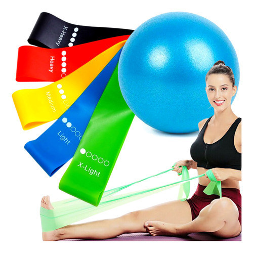 Kit Bola de Pilates Overball Suiça + Faixa Elástica Thera Band + 5 Elástico de Exercício Mini Band Treino