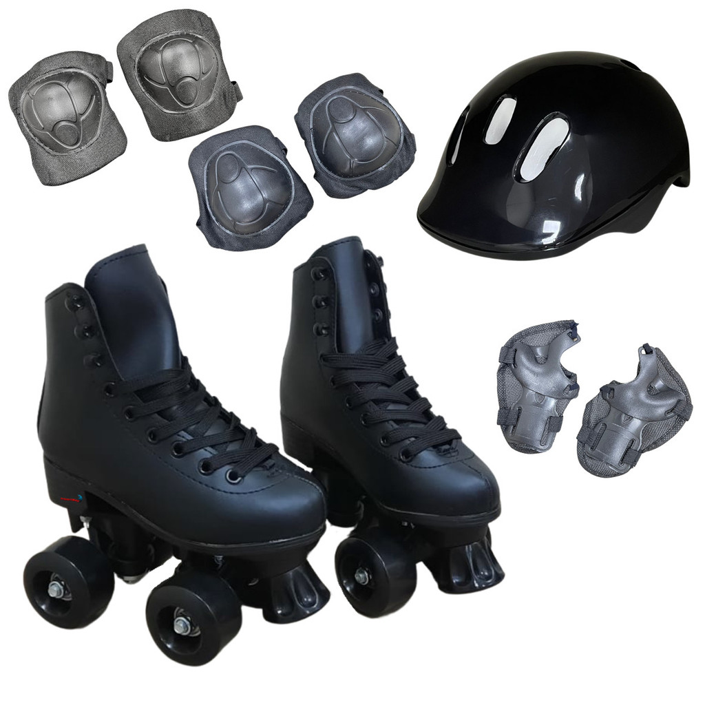 Patins 4 Rodas Infantil Menino Preto Patins Roller Tamanho Ajustavel 32 a 33 Com Kit Proteção Importway