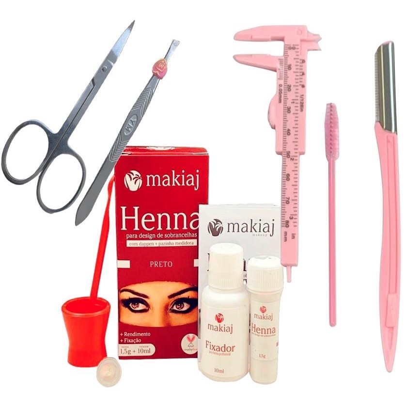 Kit Designer Sobrancelhas Completo Henna Makiaj com Paquimetro Tesoura Pinça Navalha Escovinha