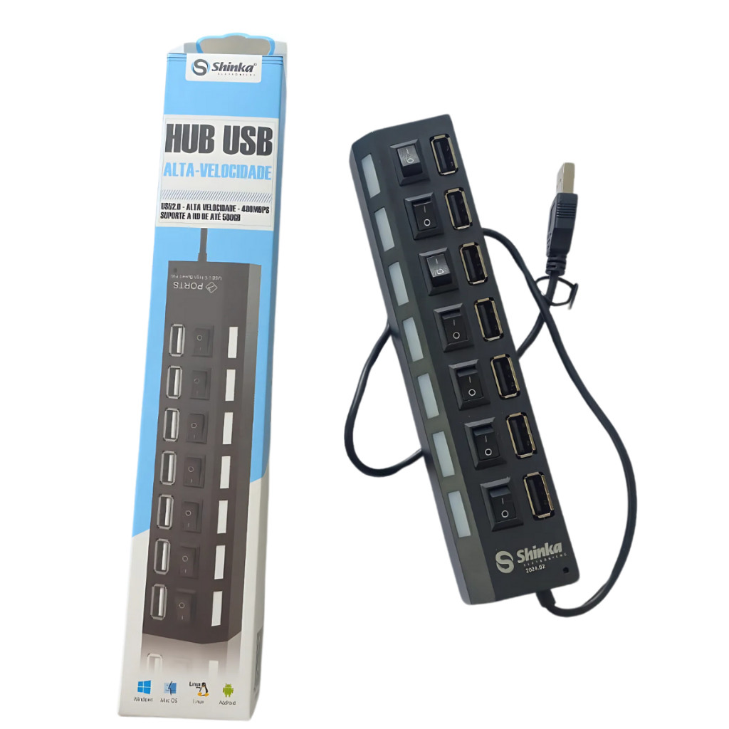 Hub Usb 7 Portas Envio Imediato C/ Chave Seletora 2.0 High Speed Lacrado F HB-T57