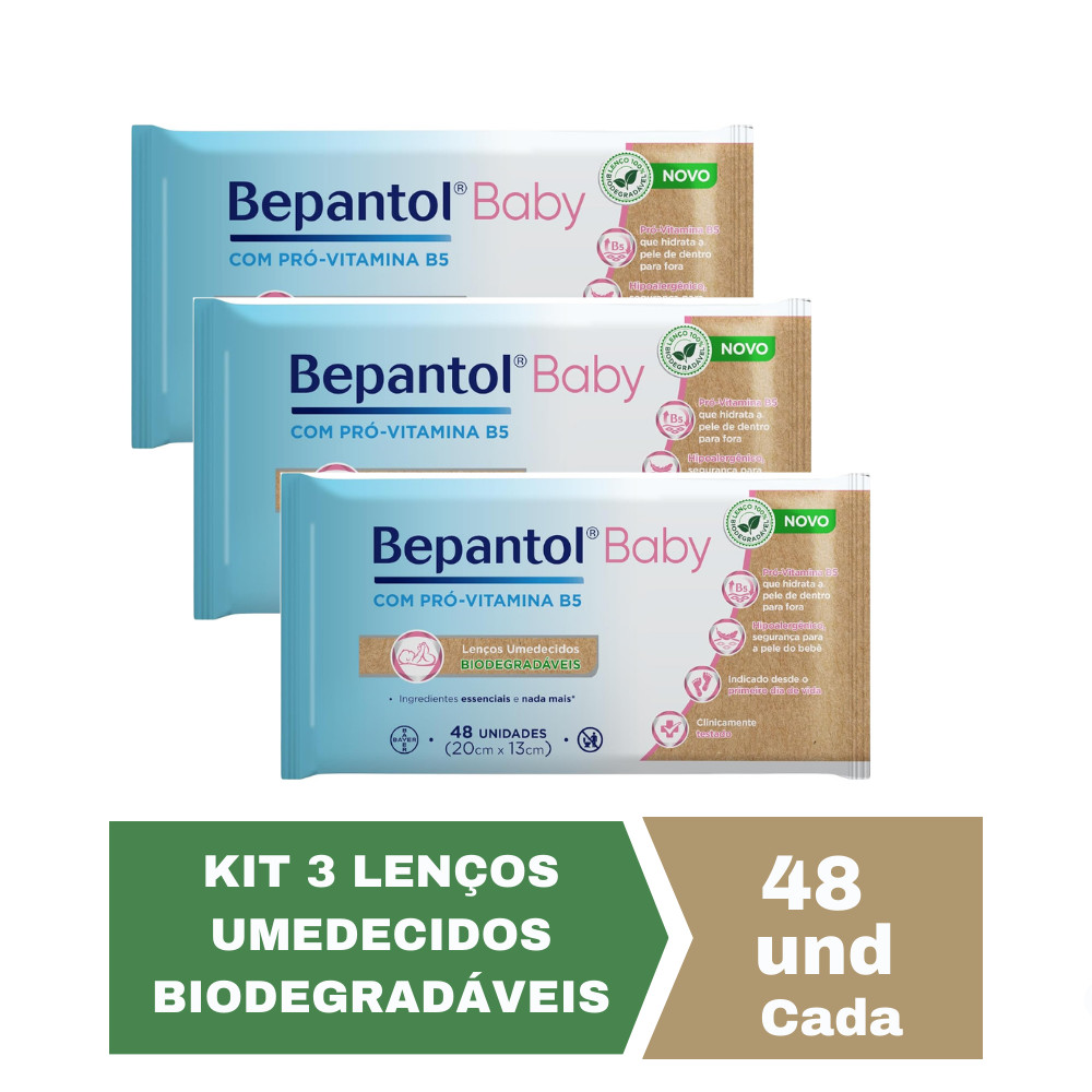 Kit com 3 Lenços Umedecidos Biodegradável 48un Cada Bepantol - Mom & Baby