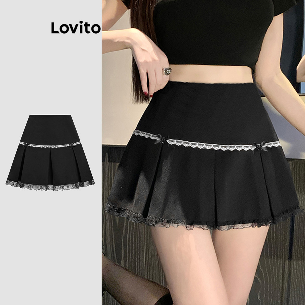 Lovito Saia de laço de renda lisa fofa para mulheres L122AD049 - Women Clothes