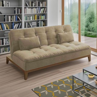 Sofá-Cama 3 Lugares Casal Beth Base e Pés de Madeira Suede Bege em Oferta na Shopee