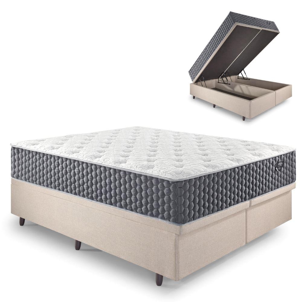 Base Box Baú Casal 138x188 Linho Bege e Colchão Relax Fresh
