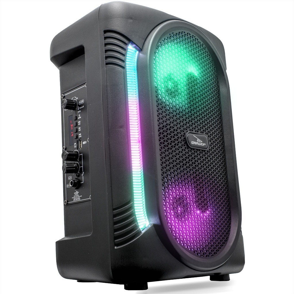 Caixa De Som Bluetooth Karaokê Amplificada Rádio Fm Led Rgb Suporte Para Tripé Com Microfone Cartão Sd Usb