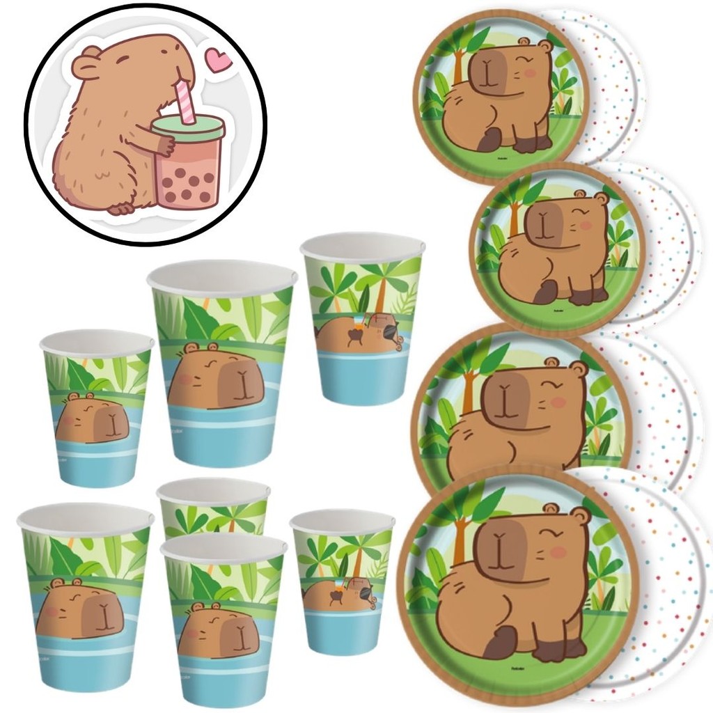 KIT FESTA CAPIVARA 16 PRATOS + 16 COPOS DESCARTÁVEL 200 ML PAPEL - FESTCOLOR - Home & Living