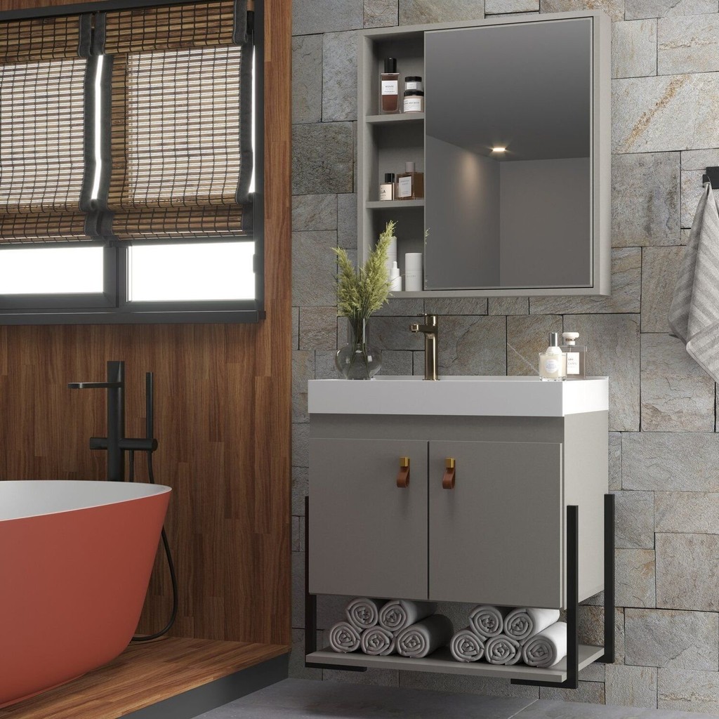 Conjunto Gabinete para Banheiro com Espelheira Maré 60 Cimento - Home & Living
