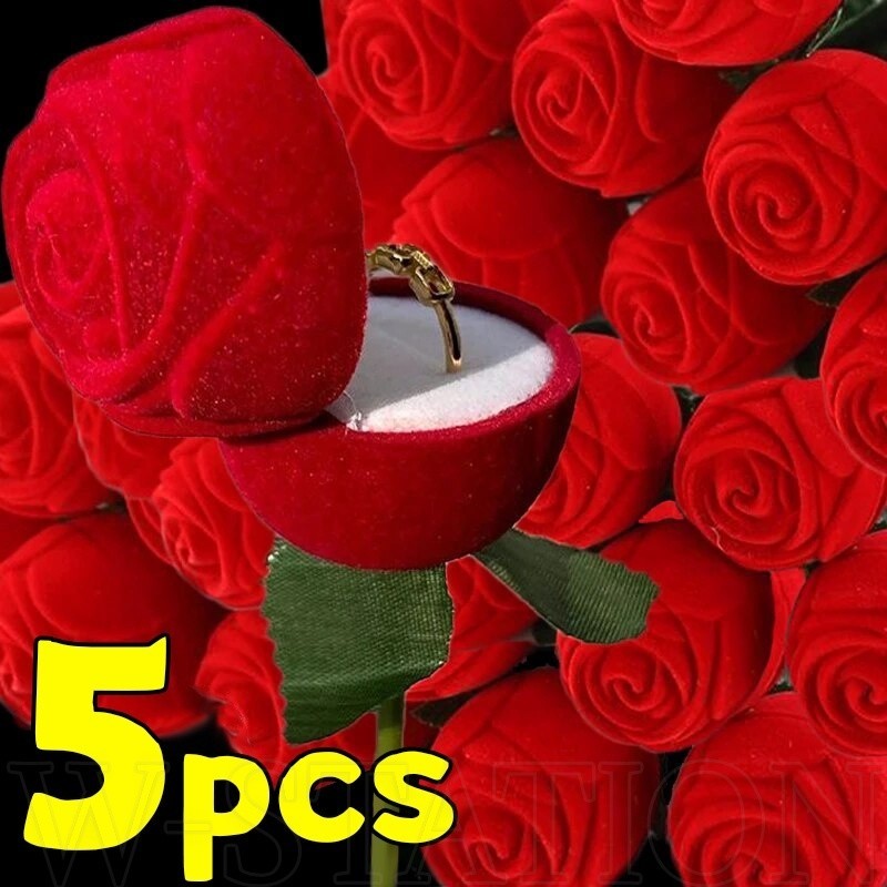 Caixa De 5pcs Romantic Bouquet Proposta De Anel-Criativa Rosa Vermelha Presente-Para Casamento No Dia Dos Namorados Jóias Em Forma De Flor De Veludo Brincos
