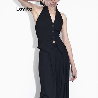 Lovito Regata Casual Lisa Sem Costas Com Botão Para Mulheres LNE38007 (Branco Preto)