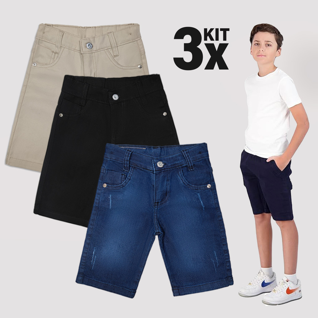 Kit 3 Bermudas Infantil Social Menino Sarja Brim Short Jeans