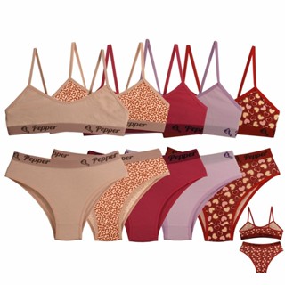 Kit 10 Conjuntos Calcinha e Sutiã Misto Estampadas e Lisas Juvenil Adolescente Cotton Algodão 8% - PEPPER LINGERIE