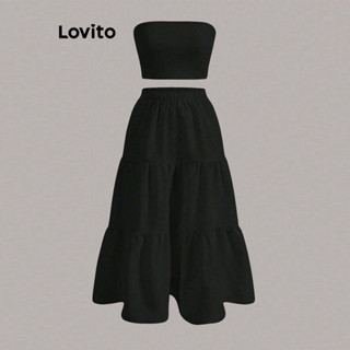 Lovito Conjunto de Saia com Camadas de Babado Lisa Casual para Mulheres LBL08103