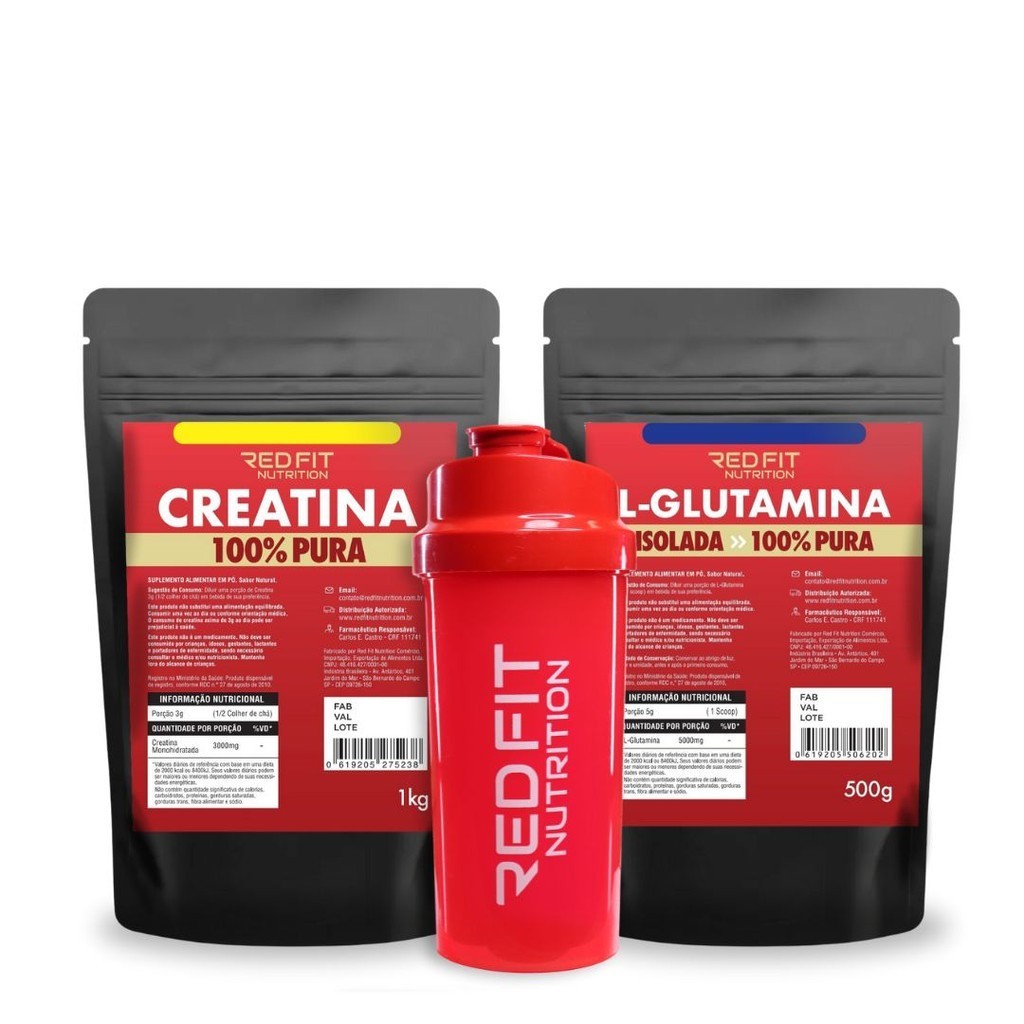 Kit Suplemento em Pó Red Fit Nutrition Creatina 1Kg L-Glutamina 500g Importada 100% Pura C/ Laudo