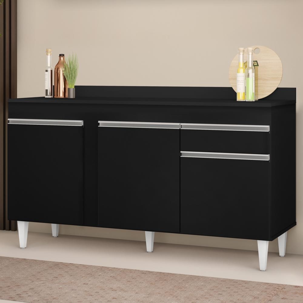 Balcão Gabinete para Pia com Tampo 150cm 3 Portas 1 Gaveta Dakota Preto - Lumil em Oferta na Shopee