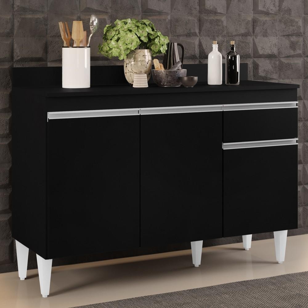 Balcão Gabinete 120cm Com Tampo 3 Portas 1 Gaveta Arizona Preto - Lumil Móveis em Oferta na Shopee