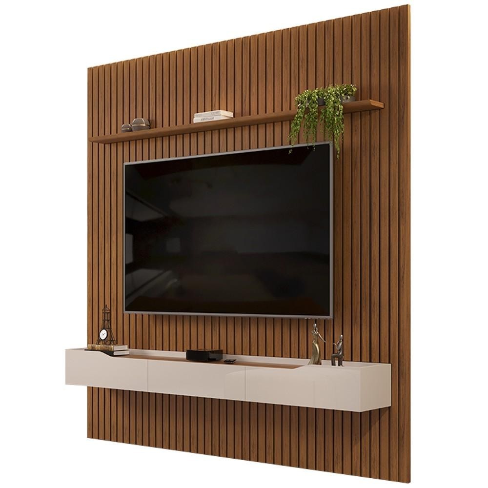Painel para TV 75 Pol Ripado com Bancada Suspensa 250x240cm Pratisk D04 Freijó/Off White - Mpozenato
