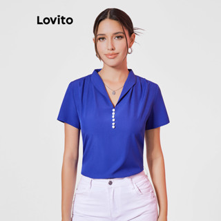 Lovito Blusa de Frente com Botões e Franzido Lisa Elegante para Mulheres LBL08297